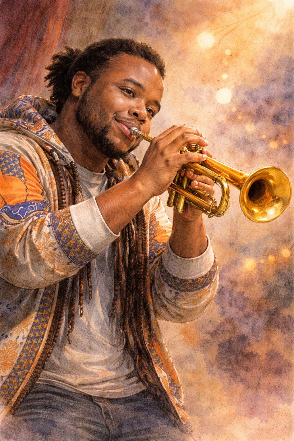 Watercolor-style portrait of a trumpeter in a patterned jacket playing against a warm, glowing background.