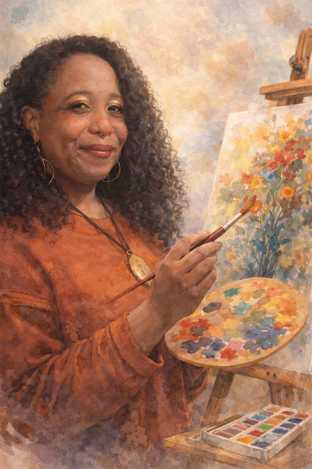 Watercolor-style portrait of a painter holding a brush and palette before a floral canvas on an easel.
