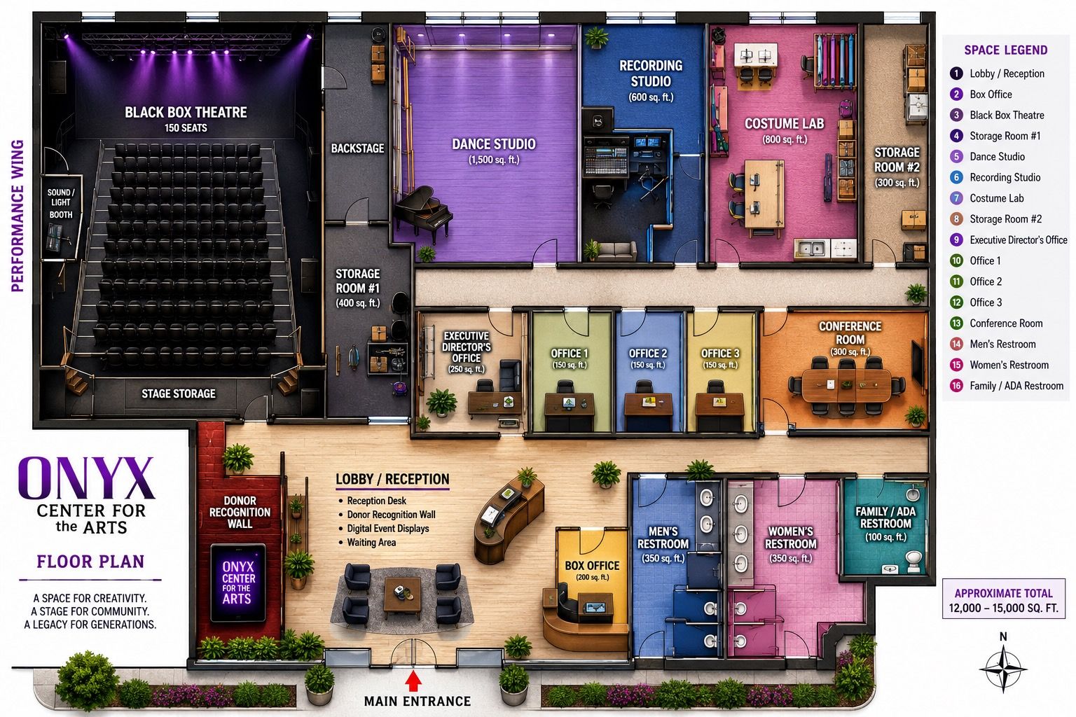 Color concept floor plan showing a 150-seat black box theatre, dance studio, recording studio, costume lab, offices, and lobby with donor recognition wall.