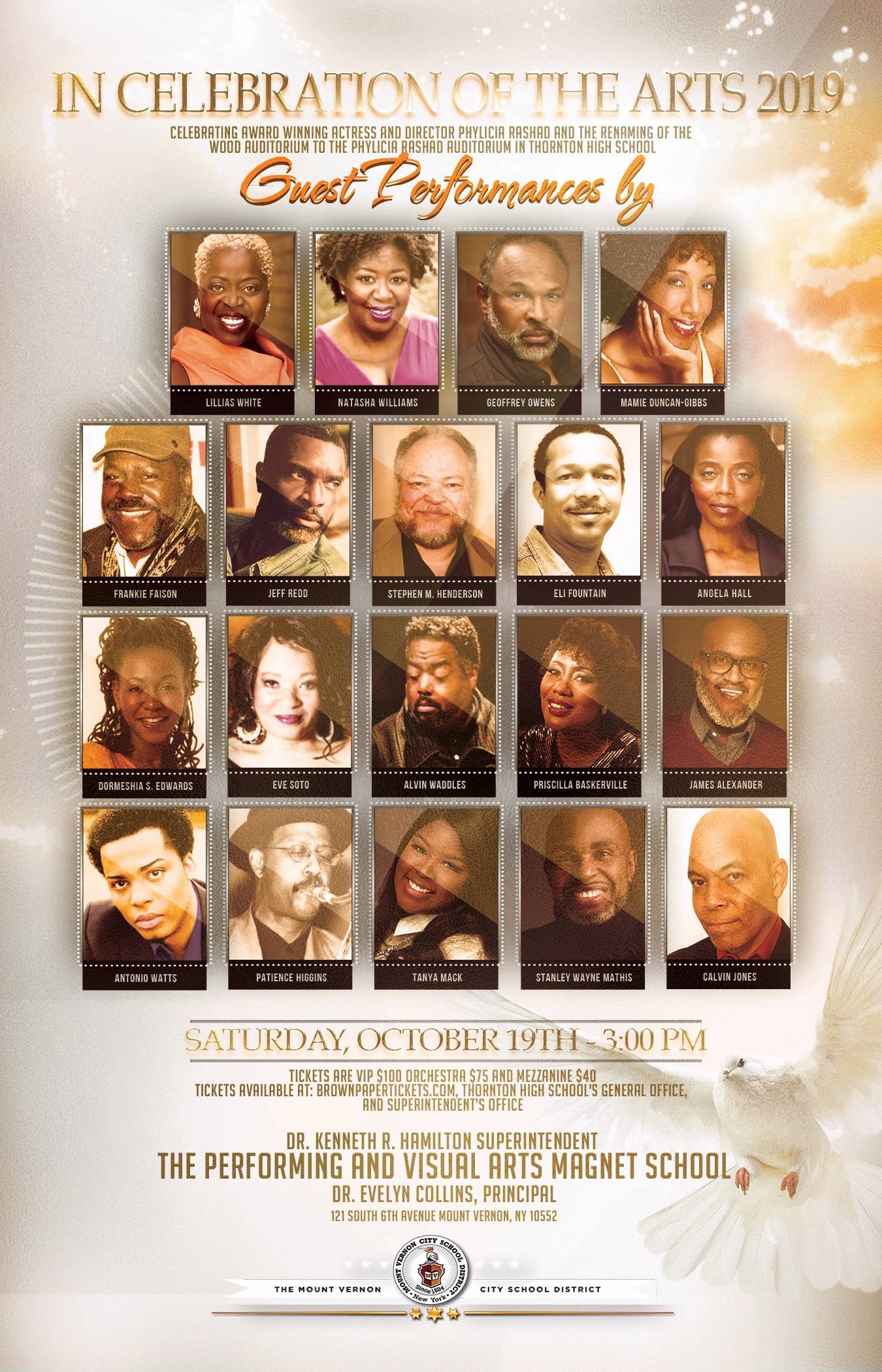 Program poster from In Celebration of the Arts 2019, featuring portraits of the evening's guest performers